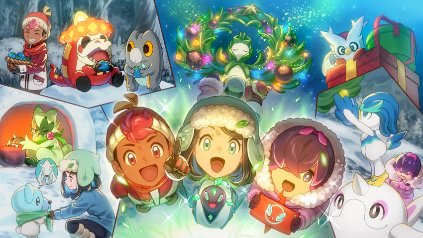 1boy 2girls black_hair blue_eyes blush closed_eyes closed_mouth coat commentary_request cowlick crocalor dark-skinned_male dark_skin dot_(pokemon) eyelashes floragato fur_trim gloves hair_ornament hair_over_eyes hairclip hat highres holding jacket liko_(pokemon) long_sleeves looking_at_viewer multicolored_hair multiple_girls nintendo open_mouth pants pink_hair plus_ta pokemon pokemon_(anime) pokemon_(creature) pokemon_horizons purple_eyes purple_hair quaxwell roy_(pokemon) scarf shirt short_hair smile snow terapagos terapagos_(normal) winter_clothes winter_coat