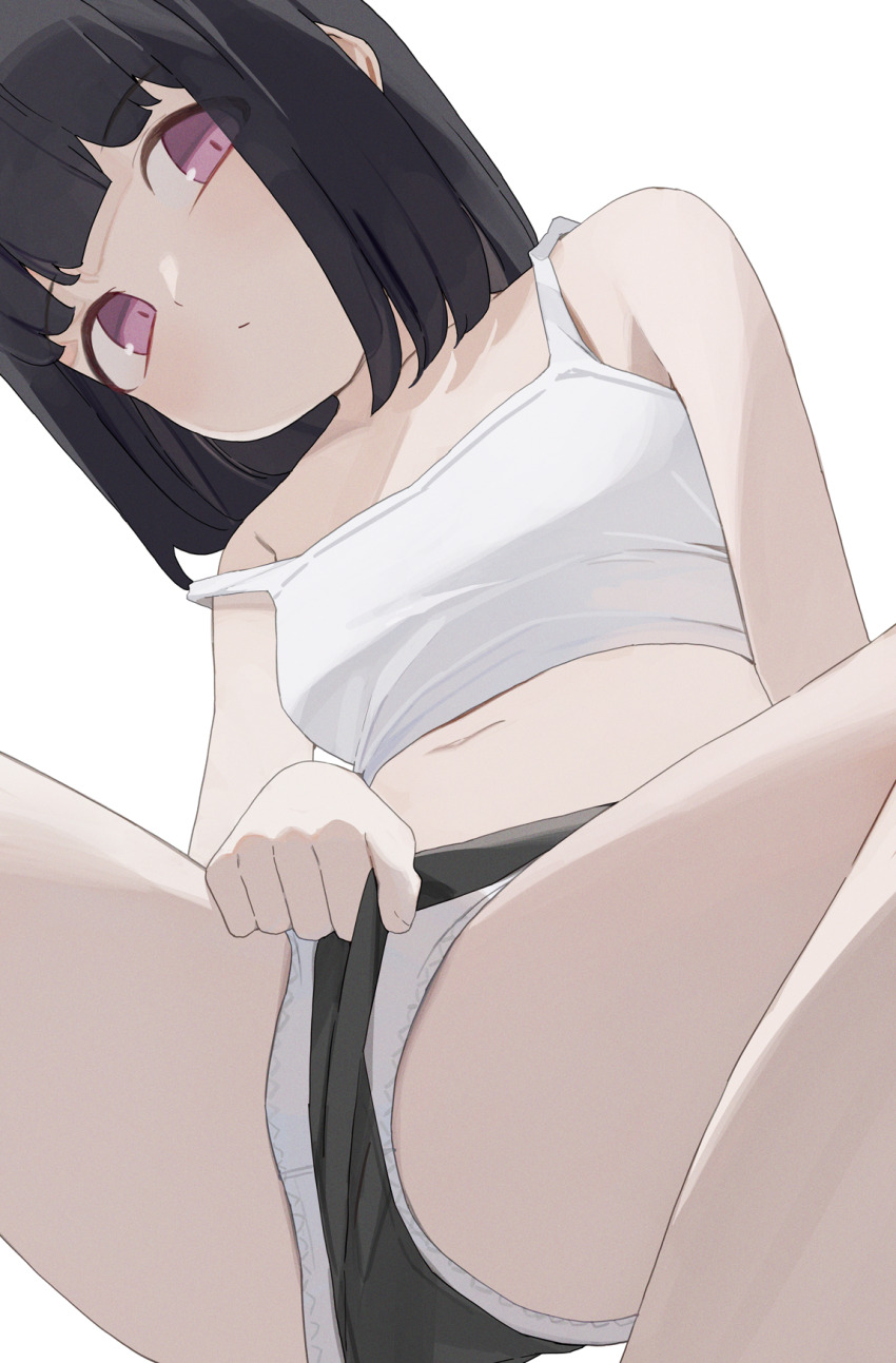 1girl black_hair black_shorts blush bra breasts closed_mouth commentary crotch_seam highres hiroki_(yyqw7151) looking_at_viewer navel original panties panties_under_shorts pink_eyes self_wedgie short_hair shorts simple_background small_breasts solo spread_legs strap_slip underwear wedgie white_background white_bra white_panties