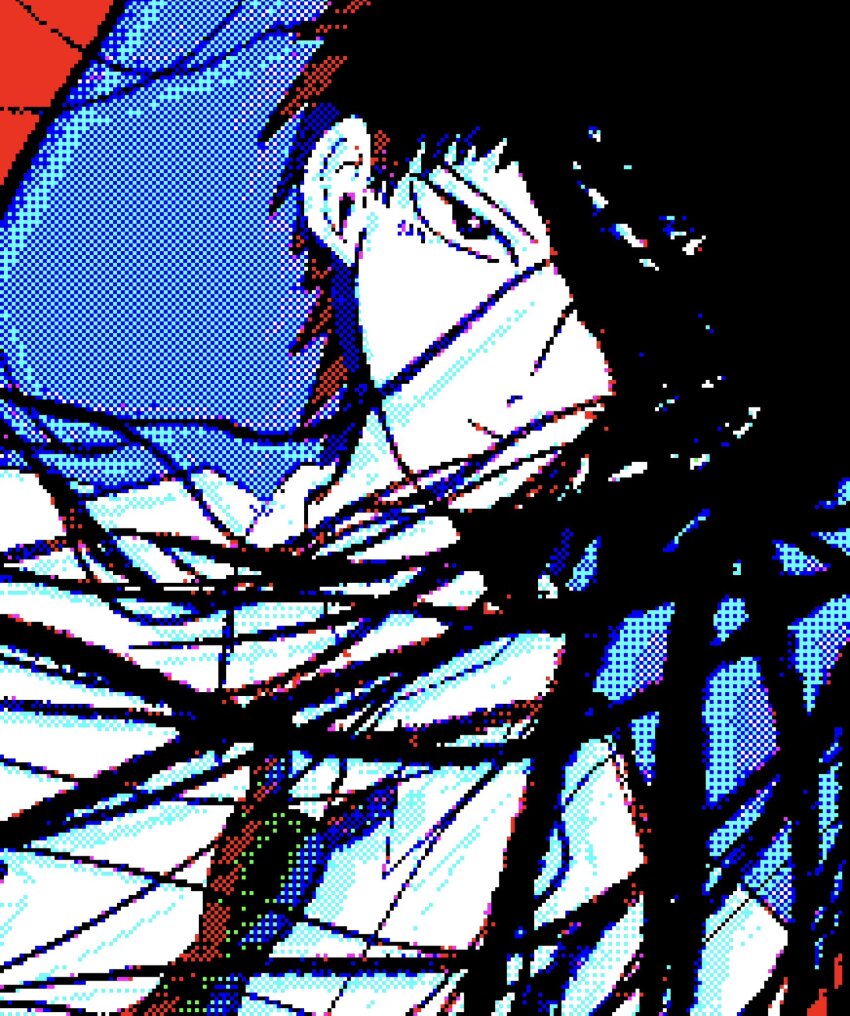 1boy black_eyes black_hair black_necktie blue_background danganronpa_(series) danganronpa_2:_goodbye_despair highres hinata_hajime jaggy_lines looking_at_viewer male_focus necktie pixel_art shirt short_hair solo uri_ka55 white_shirt