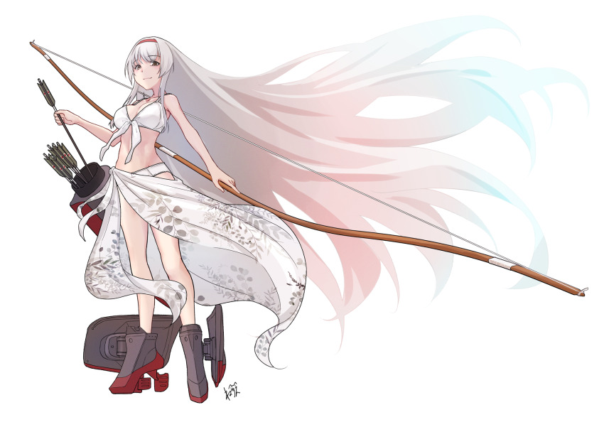1girl archery bikini blush boots bow_(weapon) breasts brown_eyes gloves hairband highres kantai_collection kyuudou long_hair medium_breasts navel neve_(morris-minicooper) partially_fingerless_gloves partly_fingerless_gloves sarong shoukaku_(kancolle) smile swimsuit weapon white_bikini white_hair white_sarong yugake yumi_(bow)