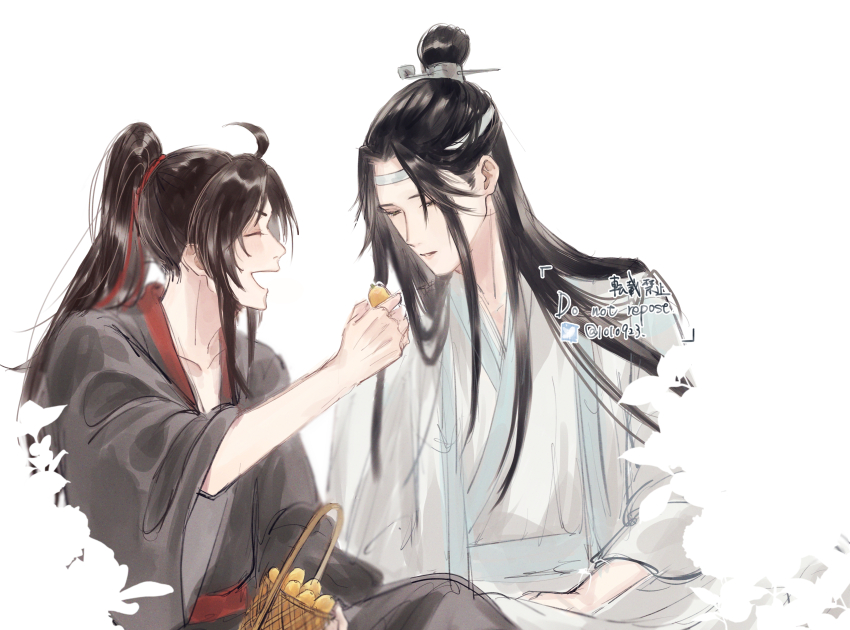 1010923 2boys absurdres ahoge basket black_hair black_hanfu blue_sash chinese_clothes closed_eyes feeding food fruit fruit_basket hair_ribbon hanfu headband high_ponytail highres holding holding_basket holding_food holding_fruit lan_wangji leaf long_hair long_sleeves looking_at_another loquat male_focus modao_zushi multiple_boys open_mouth parted_lips plant ponytail red_ribbon red_sash ribbon robe sash sidelocks simple_background sitting smile topknot twitter_username watermark wei_wuxian white_background white_hanfu white_headband wide_sleeves xiao_guan_(headdress) yaoi