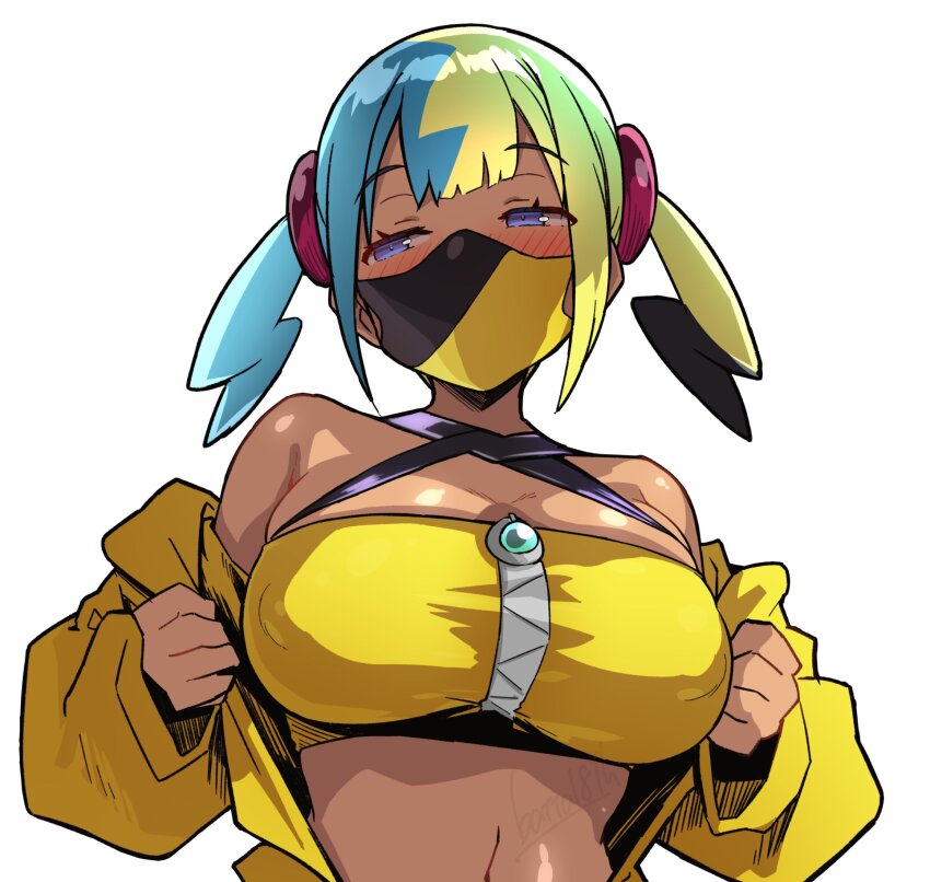 1girl aqua_hair bandeau batta_16-sei black_hair black_mask blonde_hair blue_eyes blush breasts canari_(pokemon) commentary_request covered_erect_nipples dark-skinned_female dark_skin highres jacket large_breasts looking_to_the_side mask mouth_mask multicolored_hair nintendo pokemon pokemon_legends:_z-a solo two-tone_mask upper_body yellow_bandeau yellow_jacket yellow_mask