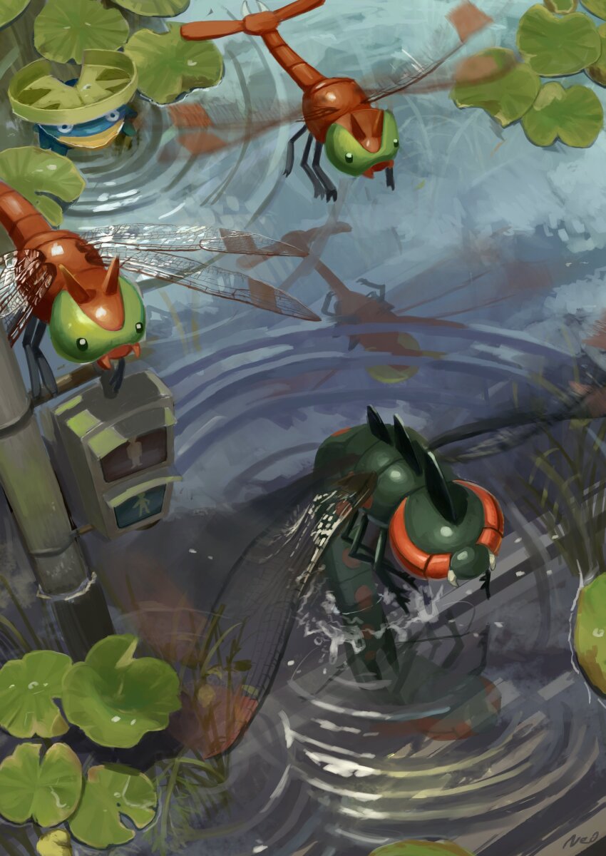 absurdres bug commentary_request day evolutionary_line flood flying from_above gen_2_pokemon gen_3_pokemon gen_4_pokemon highres king_joe_(neoroto) lily_pad lotad nintendo no_humans outdoors pokemon pokemon_(creature) reflection ripples signature traffic_light water yanma yanmega