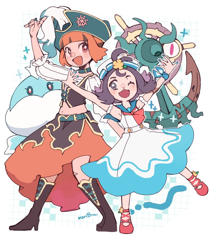 2girls acerola_(pokemon) acerola_(summer_2024)_(pokemon) anchor black_hair blue_sailor_collar dhelmise dress full_body gardenia_(pokemon) gardenia_(summer_2024)_(pokemon) gen_5_pokemon gen_7_pokemon green_nails hair_ornament hat highres jellicent jellicent_(male) long_sleeves midriff multicolored_hair multiple_girls navel nintendo official_alternate_costume open_mouth orange_eyes orange_hair pirate pirate_costume pirate_hat pokemon pokemon_(creature) pokemon_masters_ex purple_eyes purple_hair sailor sailor_collar sailor_hat shirt short_hair sleeveless smile two-tone_hair white_dress yukikokoro