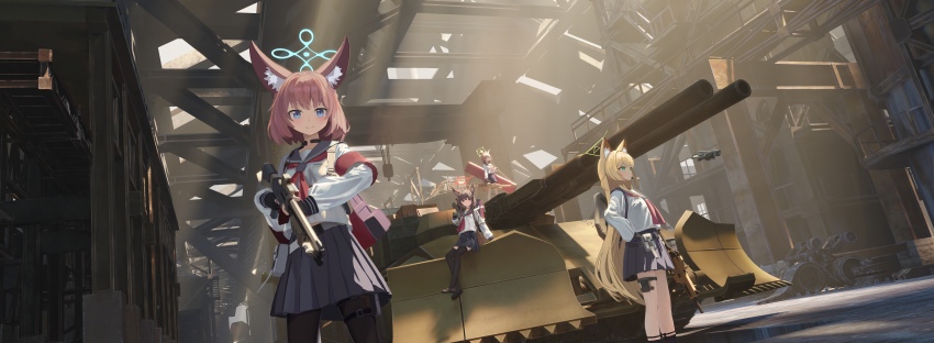 4girls absurdres animal_ear_fluff animal_ears anti-materiel_rifle assault_rifle barrett_m82 black_hair black_pantyhose black_thighhighs blonde_hair blue_archive blue_eyes blue_sailor_collar blue_skirt brown_hair donghai_xian_yuwang fox_ears fox_platoon_(blue_archive) green_eyes gun highres hitodama holding holding_gun holding_weapon holster incredibly_absurdres kurumi_(blue_archive) looking_at_viewer looking_to_the_side multiple_girls necktie niko_(blue_archive) on_tank otogi_(blue_archive) pantyhose pink_hair red_eyes red_necktie rifle sailor_collar shirt shotgun sitting skirt smile sniper_rifle submachine_gun thigh_holster thigh_strap thighhighs weapon white_shirt yukino_(blue_archive)