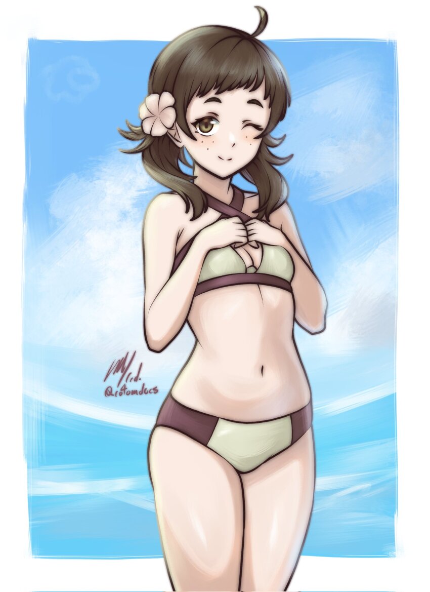 1girl ;) ahoge alternate_costume bikini breasts brown_bikini brown_eyes brown_hair cleavage cowboy_shot fire_emblem fire_emblem_fates flower freckles green_bikini hair_flower hair_ornament hands_on_own_chest highres long_hair looking_at_viewer mozu_(fire_emblem) multicolored_bikini navel nintendo one_eye_closed rotomdocs signature small_breasts smile solo swimsuit twintails twitter_username two-tone_bikini
