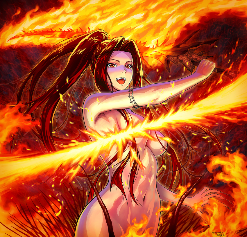 1girl :d arachne arm_up armlet arthropod_girl black_hair breasts centauroid chaos_witch_quelaag commentary_request convenient_censoring dark_souls_(series) dark_souls_i dated fingernails fire fire_censor groin highres insect_girl jewelry long_fingernails long_hair looking_at_viewer medium_breasts monster_girl navel nude open_mouth parted_bangs ponytail red_eyes saran_wrap_(sf_seijin) shotel sidelocks signature smile solo spider_girl stomach sword taur teeth upper_teeth_only weapon