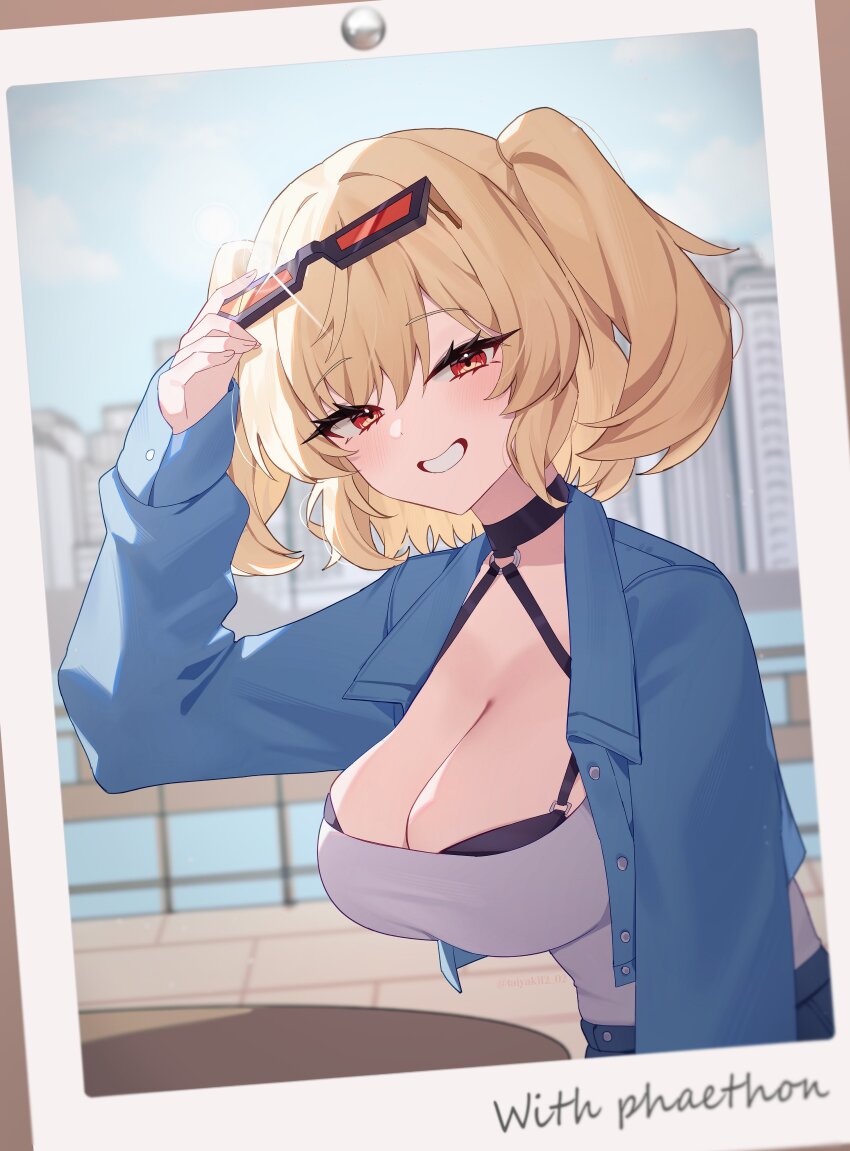 1girl absurdres arm_up aviator_sunglasses blonde_hair blue_jacket bra bra_peek breasts burnice_white cleavage commentary day eyewear_on_head highres jacket large_breasts long_hair long_sleeves looking_at_viewer photo_(object) red-tinted_eyewear red_eyes shirt smile solo spread_legs sunglasses taiyaki12 tinted_eyewear two_side_up underwear white_shirt zenless_zone_zero