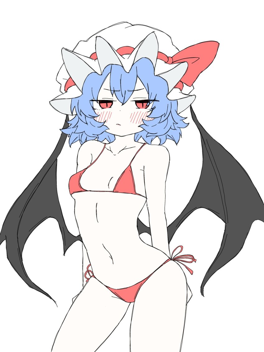 1girl bat_wings bikini blue_hair blush breasts commentary_request cowboy_shot fumomono hair_between_eyes hat hat_ribbon highres looking_at_viewer mob_cap navel red_bikini red_eyes red_ribbon remilia_scarlet ribbon short_hair side-tie_bikini_bottom simple_background slit_pupils small_breasts solo swimsuit touhou underwear white_background wings