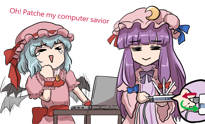 &gt;_&lt; 2girls =_= ascot bat_wings blue_bow blue_hair blue_ribbon bow bowtie brooch capelet clenched_hand closed_eyes closed_mouth completely_unamused computer crescent crescent_hat_ornament crescent_pin dress english_text hat hat_ornament hat_ribbon jewelry laptop long_hair medium_hair mob_cap multiple_girls namiki_(remiter00) patchouli_knowledge pink_capelet pink_hat pink_robe purple_bow purple_bowtie purple_hair purple_hat red_ascot red_bow remilia_scarlet ribbon robe router simple_background striped_clothes striped_dress tearing_up touhou unamused vertical-striped_clothes vertical-striped_dress wing_flapping wings wrist_cuffs