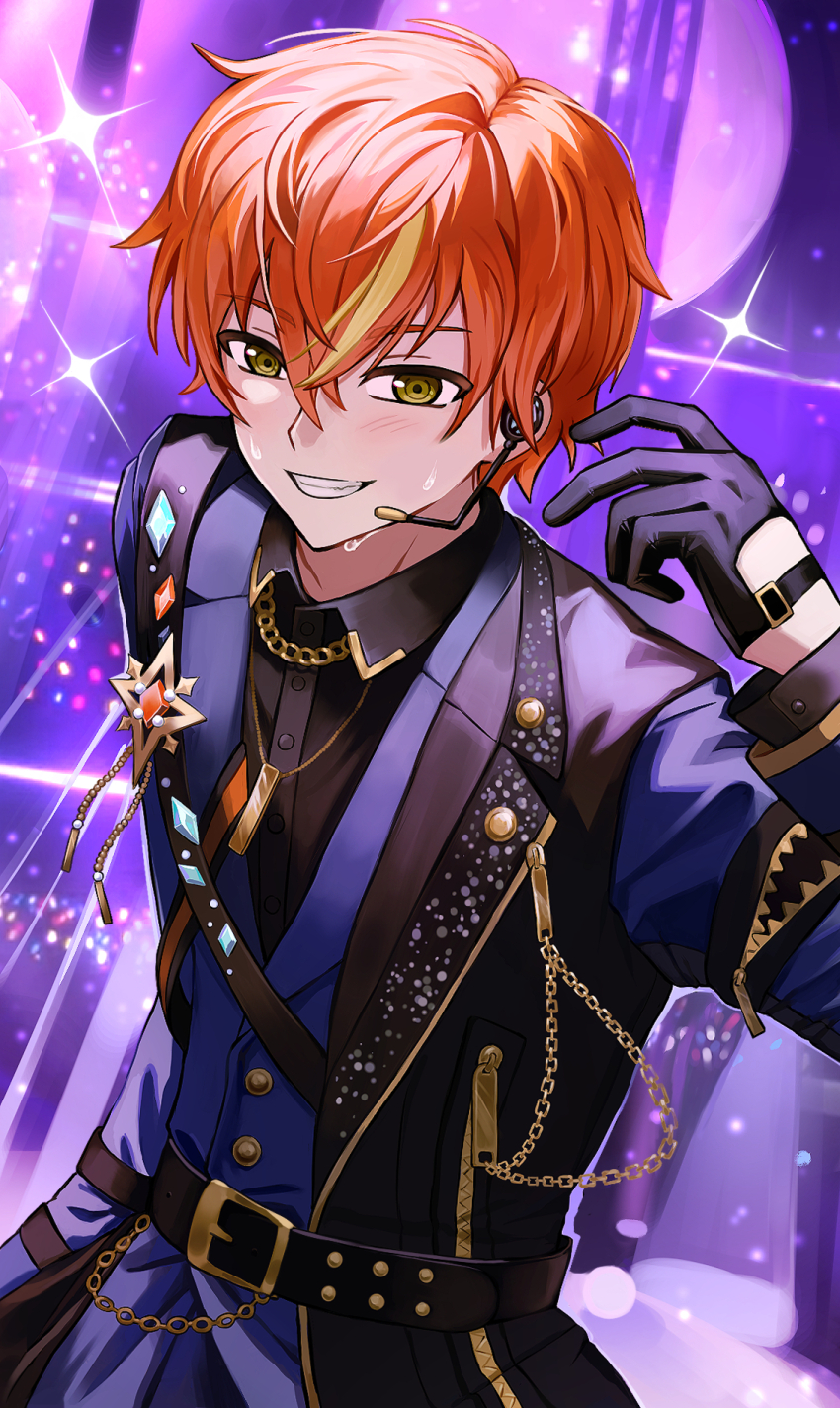 1boy belt black_gloves chain gloves green_eyes highres light_blush looking_at_viewer multicolored_hair project_sekai shinonome_akito smile solo sparkle sumi_ringo sweat teeth