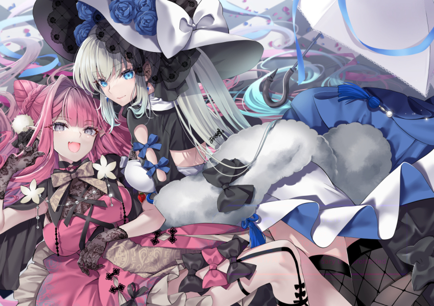 2girls akatsuki_hijiri baobhan_sith_(chinese_ver._8th_anniversary)_(fate) baobhan_sith_(fate) black_bow black_gloves black_thighhighs blue_eyes bow braid breasts cleavage closed_mouth dress fate/grand_order fate_(series) fishnet_gloves fishnets flower gloves grey_eyes grey_hair hair_between_eyes hair_bow half_up_braid hat large_breasts long_dress long_hair long_sleeves looking_at_viewer morgan_le_fay_(chinese_ver._7th_anniversary)_(fate) morgan_le_fay_(fate) multiple_girls open_mouth pink_dress pink_hair pointy_ears ponytail sidelocks smile thighhighs thighs very_long_hair white_dress witch_hat