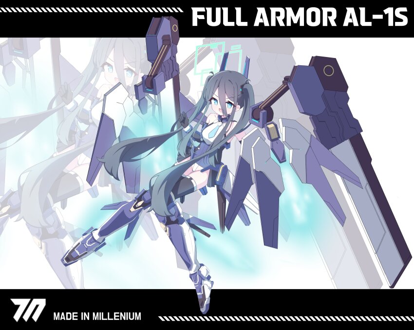525_woiwo absurdres alternate_costume alternate_hairstyle aqua_halo aris_(blue_archive) bare_shoulders blue_archive blue_eyes blue_halo blue_necktie boots gloves hair_between_eyes halo highres long_hair long_hair_between_eyes mecha mecha_musume mechanical_wings necktie rectangular_halo robot thighhighs thrusters twintails wings