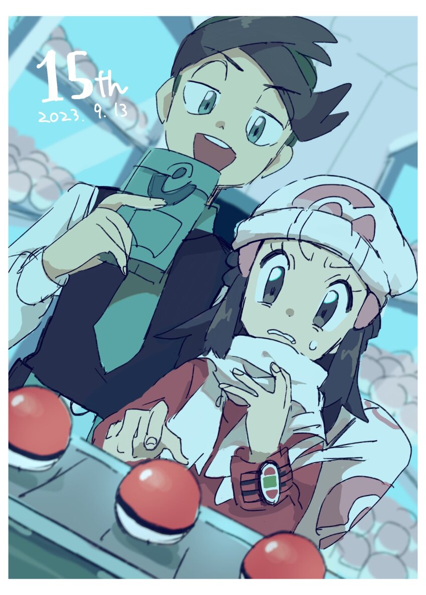 1boy 1girl :d beanie black_hair black_shirt coat dated dawn_(pokemon) eyelashes frown green_eyes green_hair green_necktie grey_eyes half-closed_eyes hat highres looking_down multicolored_clothes multicolored_hair necktie nervous_sweating nintendo open_mouth pink_coat poke_ball pokemon pokemon_dppt pokemon_platinum scarf shirt smile sweat thorton_(pokemon) two-tone_hair watch white_bag white_scarf white_shirt yusho_(ossm03)