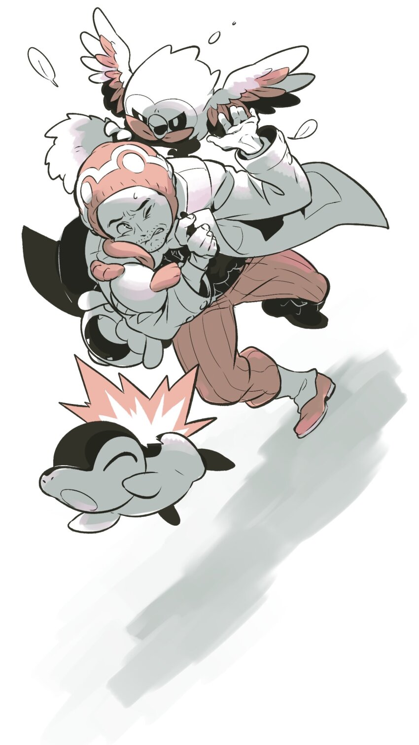 1boy beanie coat commentary_request cyndaquil facial_hair gen_2_pokemon gen_5_pokemon gen_7_pokemon hat highres holding holding_pokemon korean_commentary professor_laventon leg_up long_sleeves male_focus nintendo one_eye_closed open_clothes open_coat oshawott pants parted_lips pokemon pokemon_(creature) pokemon_legends:_arceus redlhzz rowlet shoes socks stubble