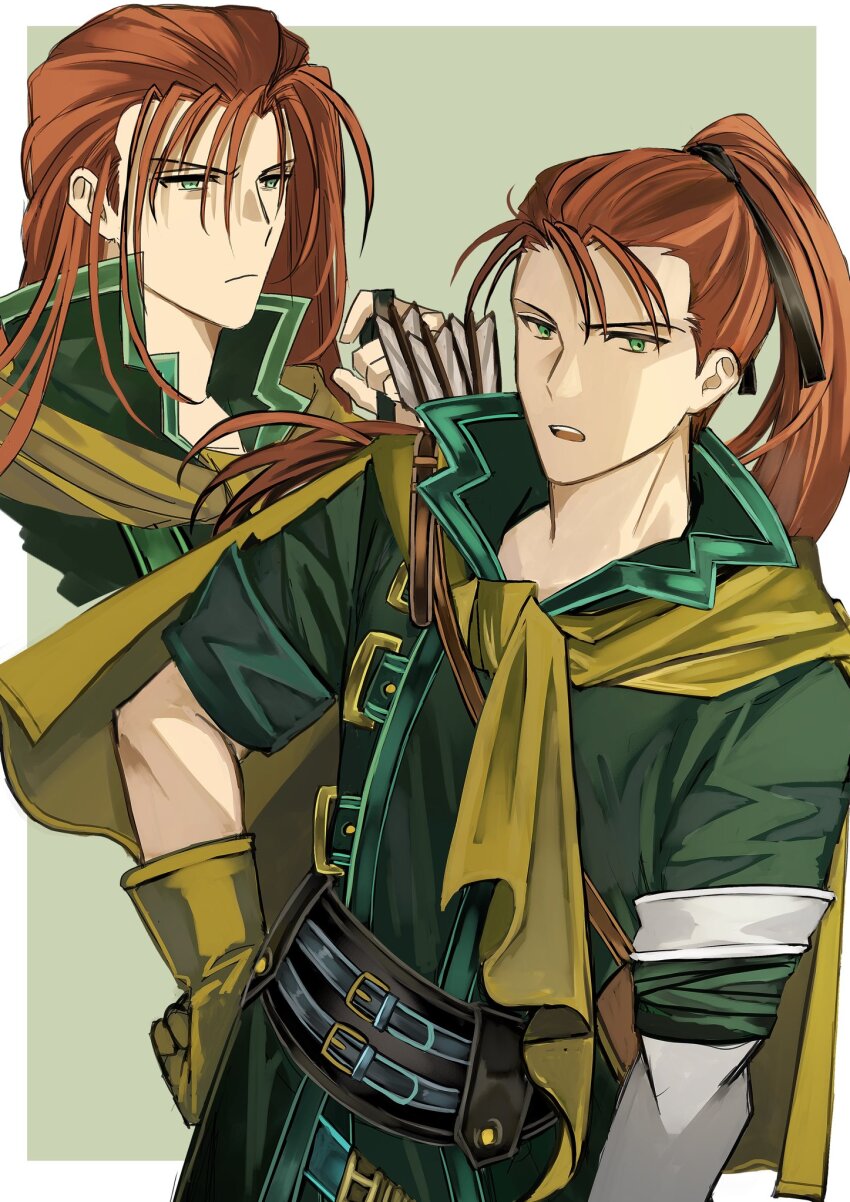 1boy belt border closed_mouth commentary_request fire_emblem fire_emblem:_radiant_dawn gloves green_background green_eyes high_collar high_ponytail highres long_hair looking_at_viewer male_focus multiple_views nintendo omlililimo open_mouth outside_border ponytail red_hair shinon_(fire_emblem) simple_background white_border yellow_gloves