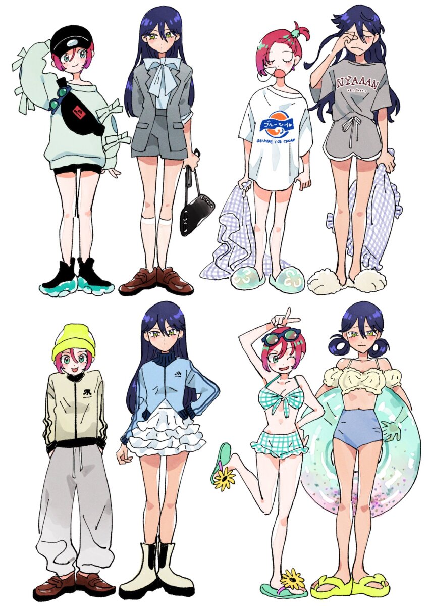 2girls amate_yuzuriha arms_at_sides beanie bikini black_hair black_hat blanket blush boots brown_shoes closed_eyes closed_mouth commentary_request eyewear_on_head green_eyes green_sandals grey_pants gundam gundam_gquuuuuux hair_between_eyes hands_in_pockets hat highres holding holding_blanket kate_jgk kneehighs long_hair long_sleeves multiple_girls nose_bubble nyaan_(gundam_gquuuuuux) one_eye_closed pants plaid_bikini plaid_clothes red_hair sandals shirt shoes short_hair simple_background sleeping sleepwear slippers smile socks standing swimsuit tongue tongue_out v white_background white_shirt yellow_boots yellow_eyes yellow_hat