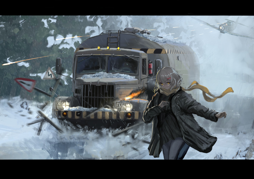 1girl absurdres aircraft airplane ash_arms bf_109_e4_(ash_arms) black_jacket brown_hair closed_mouth fighter_jet fire_extinguisher firing highres jacket letterboxed long_sleeves military_truck military_vehicle motor_vehicle open_clothes open_jacket propeller_fighter road_sign semi_truck short_hair sign snow solo tank_truck trailer truck vehicle_focus warning_sign winter yellow_eyes yukikaze_supersylph