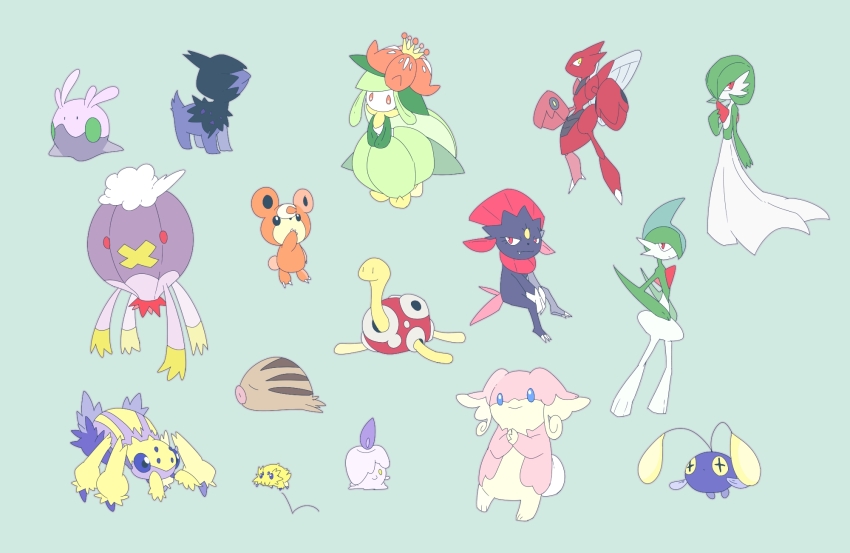 audino blue_eyes blue_skin bob_cut brown_fur chinchou colored_skin deino_(pokemon) dress drifloon gallade galvantula game_freak gardevoir gen_2_pokemon gen_3_pokemon gen_4_pokemon gen_5_pokemon gen_6_pokemon goomy green_background green_hair green_skin hair_over_one_eye highres insect_wings joltik kura_(shironagasu02) lilligant litwick multicolored_skin nintendo pink_skin pokemon pokemon_(creature) scizor shuckle simple_background smile swinub teddiursa two-tone_skin weavile white_dress white_skin wings yellow_eyes