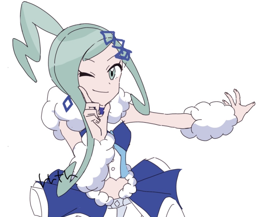 1girl 6l226 ;) arm_warmers asymmetrical_sidelocks blue_skirt blue_vest closed_mouth fur_scarf green_eyes green_hair hair_ornament hand_up hoshino_ruby_dance index_finger_raised lisia_(pokemon) looking_at_viewer nintendo one_eye_closed outstretched_arm overskirt pokemon pokemon_oras ponytail scarf shorts sidelocks simple_background skirt smile solo vest white_scarf white_shorts
