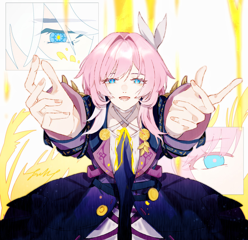 1boy 1girl absurdres blue_eyes chinese_commentary coat commentary_request cyrene_(honkai:_star_rail) dress eucalyptus-household hair_ornament highres honkai:_star_rail honkai_(series) liquid_gold medium_hair open_mouth phainon_(honkai:_star_rail) pink_hair purple_coat stab white_dress white_hair