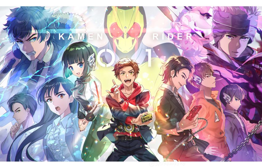 3girls 6+boys as_(kamen_rider_01) black_hair blue_eyes brown_hair character_request copyright_name everyone floating_hair fuwa_isamu gun hiden_aruto highres holding holding_gun holding_weapon horobi_(kamen_rider_01) humagear_headphones is_(kamen_rider_01) jin_(kamen_rider_01) kamen_rider kamen_rider_01_(series) kamen_rider_zero-one looking_at_viewer multiple_boys multiple_girls naki_(kamen_rider_01) open_mouth red_eyes shinonoko_(tubamecider) tokusatsu upside-down weapon yaiba_yua yellow_eyes