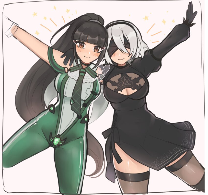 2024 2b_(nier:automata) 2girls bare_shoulders black_boots black_dress black_hair blindfold blush bodysuit boots breasts brown_eyes capelet choker clothing_cutout collarbone commentary cropped_legs crossover dress english_commentary eve_(stellar_blade) facing_viewer feather-trimmed_sleeves female_focus fingerless_gloves gloves groin_tendon hairband hand_on_another&#039;s_back heattech_leotard high_heel_boots high_heels high_ponytail highres hug juliet_sleeves leotard long_hair long_sleeves looking_at_viewer luci_(purrlucii) medium_breasts mole mole_under_mouth multiple_girls necktie nier:automata nier_(series) photo-referenced planet_diving_suit_(7th)_(stellar_blade) ponytail puffy_sleeves short_hair solo standing stellar_blade thick_thighs thigh_boots thighs trait_connection turtleneck two-tone_bodysuit v-shaped_eyebrows very_long_hair white_hair
