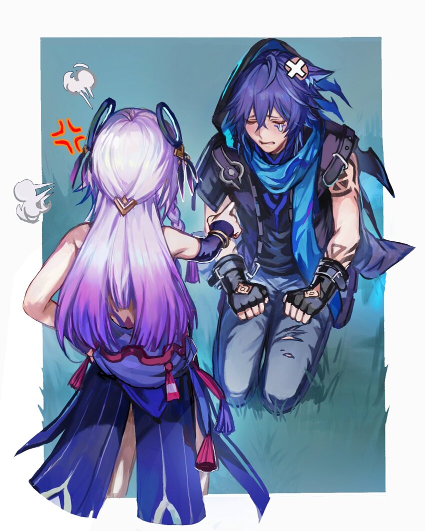 1boy 1girl anger_vein angry animal_ear_fluff animal_ears arm_markings back_peek bare_shoulders bat_ears belt black_belt black_footwear black_hood black_jacket black_sleeves black_undershirt blue_background blunt_ends blunt_tresses border bracelet braid citlali_(genshin_impact) clenched_hands closed_eyes elbow_gloves facial_mark feather_hair_ornament feathers fingerless_gloves floating_headgear fringe_trim genshin_impact gloves gold gradient_hair grandmother_and_grandson grey_pants hair_ornament hair_rings hand_on_own_hip hands_on_own_thighs highres jacket jewelry long_hair multicolored_hair on_grass open_clothes open_jacket ororon_(genshin_impact) pants parted_lips pink_hair pointing pointing_at_another purple_hair purple_skirt scene_reference seiza shoes shoulder_belt single_braid single_ear_down single_sleeve sitting skirt standing streaked_hair tears thijikoy torn_clothes torn_pants white_border white_mouth zipper