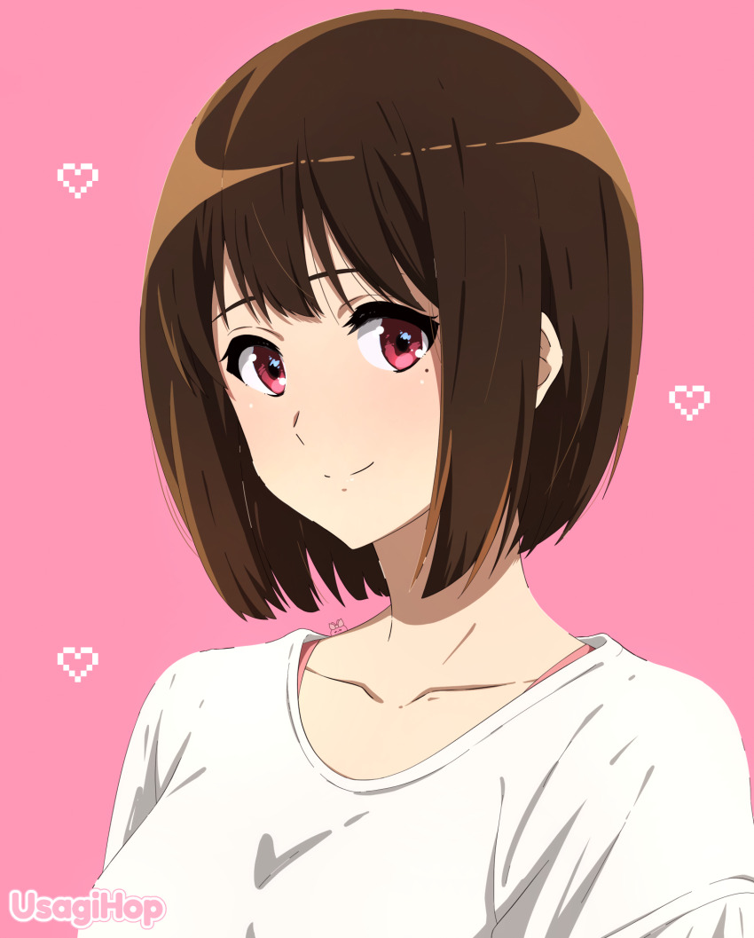 1girl artist_name brown_hair heart hibike!_euphonium highres looking_at_viewer medium_hair mole mole_under_eye nakaseko_kaori pink_hair red_eyes shirt smile usagihop white_shirt