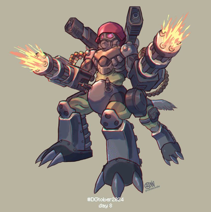 absurdres arm_cannon artist_logo assaultmon brown_background centauroid chibi cwdw cyborg digimon digimon_(creature) full_body gun highres logo machine_gun shoulder_cannon simple_background taur weapon