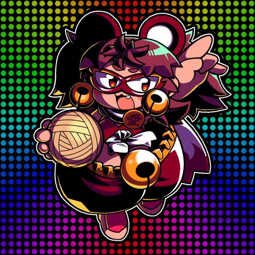 1girl :3 animal_ears arm_up baggy_pants bell bell_earrings bombergirl brown_hair brown_pants commentary_request earrings eye_mask fang full_body grey_shoes highres index_finger_raised jewelry jingle_bell long_hair looking_at_viewer mouse_ears mouse_girl open_mouth pants polka_dot polka_dot_background rainbow_background red_socks shoes smile socks solo tonchamon_san two_side_up urushi_(bombergirl) very_long_hair yarn yarn_ball