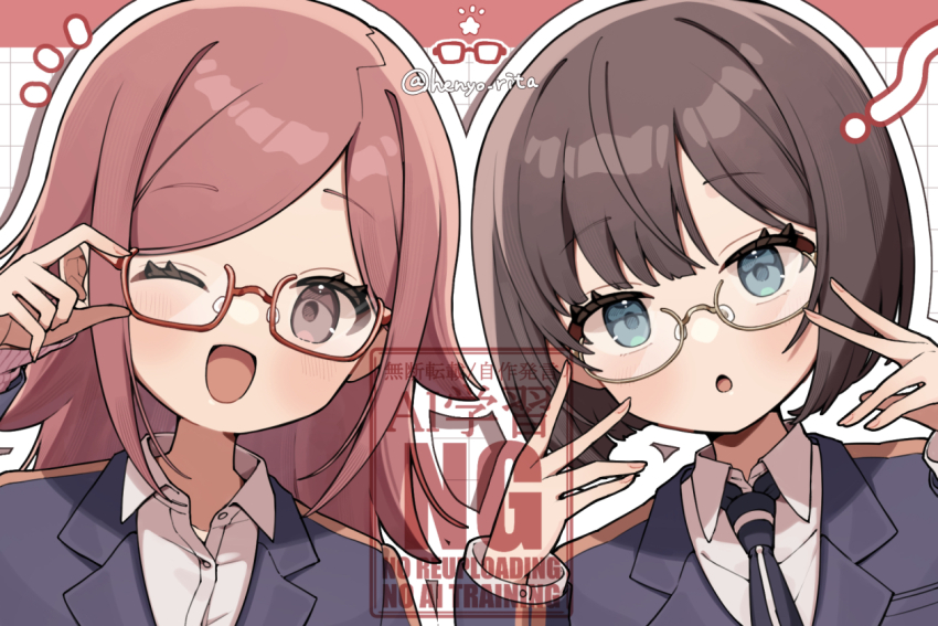 2girls adjusting_eyewear blue_eyes brown_hair formal_clothes glasses henyo_rita kon_yuka kunichika_yuu long_hair multiple_girls necktie one_eye_closed purple_eyes red_hair shirt short_hair suit twitter_username watermark white_shirt world_trigger