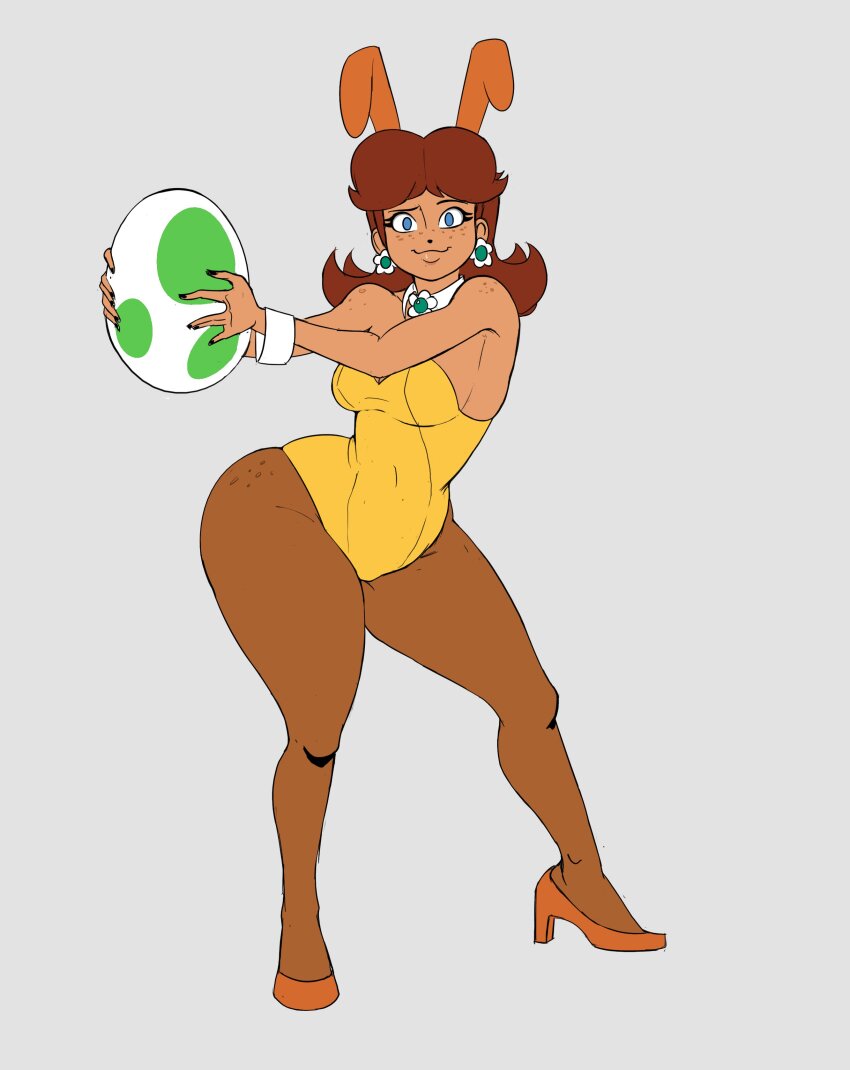 1boy absurdres black_nails blue_eyes brown_hair earrings egg freckles freckles_on_thighs high_heels highres jewelry kseg3501 leotard mario_(series) nintendo pantyhose princess_daisy rabbit_ears shoulder_freckles smile yoshi