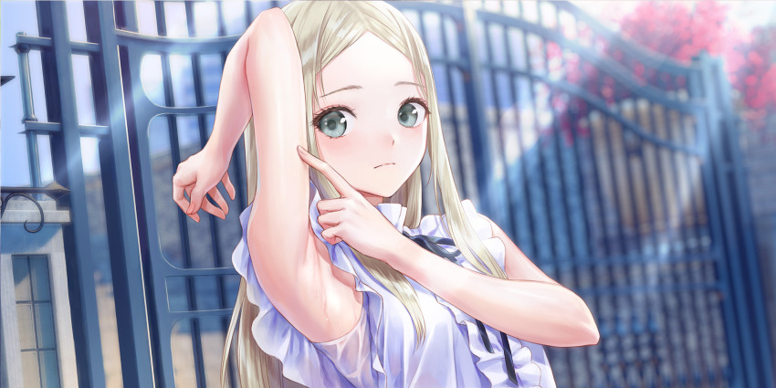 1girl arm_up armpits blonde_hair blue_reflection_(series) blue_reflection_sun blush center_frills day frills game_cg gate grey_eyes highres kishida_mel long_hair morisaki_alesia_yu non-web_source outdoors parted_bangs poking shirt sleeveless sleeveless_shirt solo sunlight sweat upper_body white_shirt