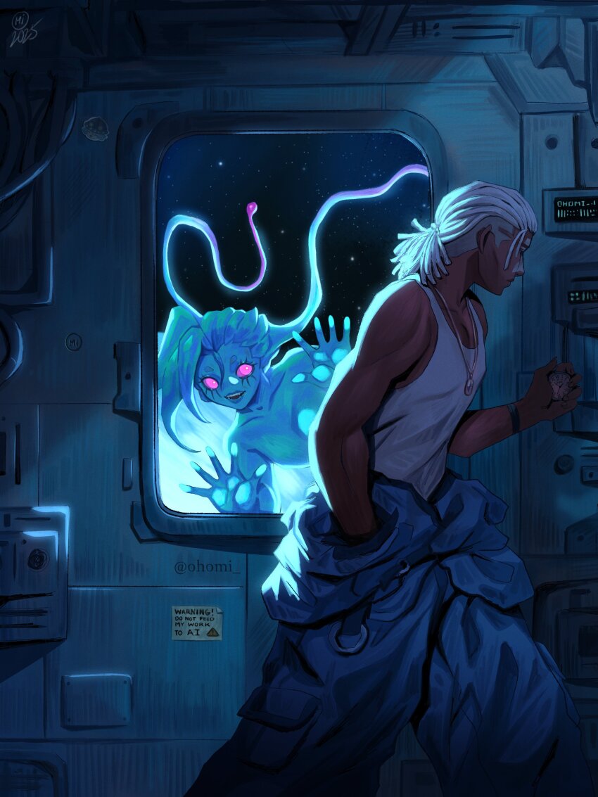 0homi 1boy 1girl :d absurdres alien alternate_costume artist_name bare_shoulders blue_pants colored_skin dark-skinned_male dark_skin ekko_(league_of_legends) green_skin highres jinx_(league_of_legends) league_of_legends long_hair open_mouth pants pink_eyes shirt smile space spacecraft teeth twintails undercut white_hair white_shirt