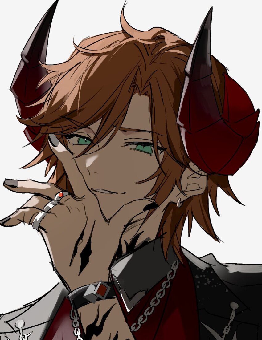 1boy aqua_eyes arm_tattoo asymmetrical_bangs backlighting black_coat black_nails black_necktie bracelet brown_hair chain chain_necklace coat collared_shirt cropped demon_boy demon_horns ear_piercing ensemble_stars! furrowed_brow hand_on_own_chin hand_tattoo highres horns jewelry looking_at_viewer male_focus medium_hair mikejima_madara multiple_rings neck_tattoo necklace necktie nozz177 open_clothes open_coat piercing portrait red_shirt ring shadow shirt simple_background smirk solo tattoo white_background