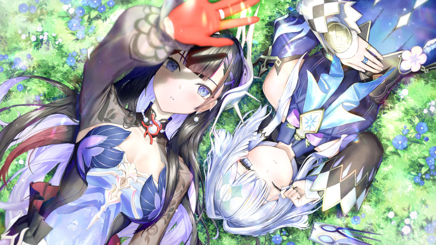2girls arm_at_side arm_up black_hair black_shrug blue_eyes blurry blurry_foreground blush breasts center-flap_bangs cerydra_(honkai:_star_rail) colored_inner_hair crown detached_sleeves double-parted_bangs dress drop-shaped_pupils earclip earrings flower from_above gloves grass green_hair grey_hair hand_rest head_ornament highres honkai:_star_rail honkai_(series) hysilens_(honkai:_star_rail) jewelry long_hair lying mini_crown multicolored_hair multiple_girls multiple_rings on_back on_grass on_ground one_eye_closed outstretched_arm parted_lips pearl_earrings pi_(p77777778) purple_hair red_hair ring see-through_body shrug_(clothing) side-by-side symbol-shaped_pupils unworn_crown very_long_hair