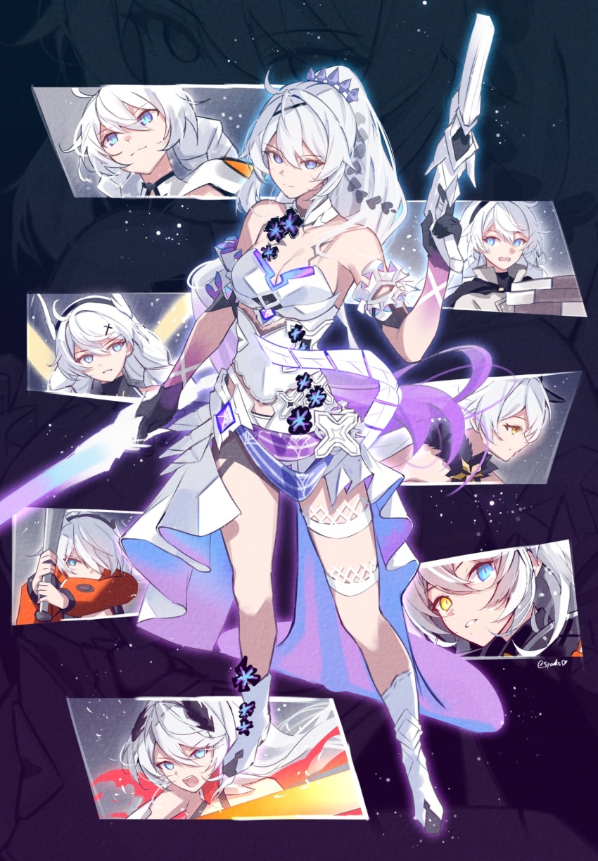 1girl asymmetrical_dual_wielding bare_shoulders baseball_bat black_gloves blue_eyes boots breasts cleavage closed_mouth commentary_request dress dual_wielding gloves gradient_hair gun hair_between_eyes hair_ornament highres holding holding_baseball_bat holding_gun holding_sword holding_weapon honkai_(series) honkai_impact_3rd kiana_kaslana kiana_kaslana_(herrscher_of_finality) kiana_kaslana_(herrscher_of_flamescion) kiana_kaslana_(herrscher_of_the_void) kiana_kaslana_(knight_moonbeam) kiana_kaslana_(valkyrie_ranger) kiana_kaslana_(void_drifter) kiana_kaslana_(white_comet) long_hair medium_breasts multicolored_hair purple_hair purple_hands solo sparks_summer standing sword very_long_hair weapon white_boots white_dress white_hair