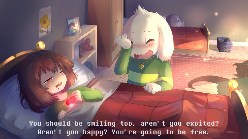 2boys 2girls asgore_dreemurr asriel_dreemurr bed bed_frame blood blood_from_mouth blush brown_hair cabinet carpet chara_(undertale) crying drawer dying fang flower goat_boy goat_girl gold_necklace green_shirt heart heart_necklace highres jewelry monster multiple_boys multiple_girls necklace nostrils open_mouth photo_(object) pillow red_eyes shirt silhouette skin_fang stuffed_toy takuyarawr tears teeth toriel undertale utdr_(toby_fox) white_fur wooden_floor yellow_flower