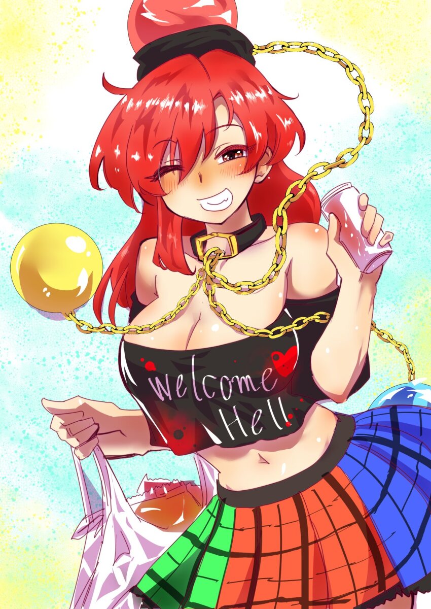 1girl ;d black_shirt breasts chain cleavage clothes_writing earth_(ornament) heart hecatia_lapislazuli highres large_breasts looking_at_viewer medium_hair moon_(ornament) multicolored_skirt navel nunnun_(shunka_shuutou) off_shoulder one_eye_closed open_mouth plaid_clothes plaid_skirt red_eyes red_hair shirt skirt smile solo touhou upper_body