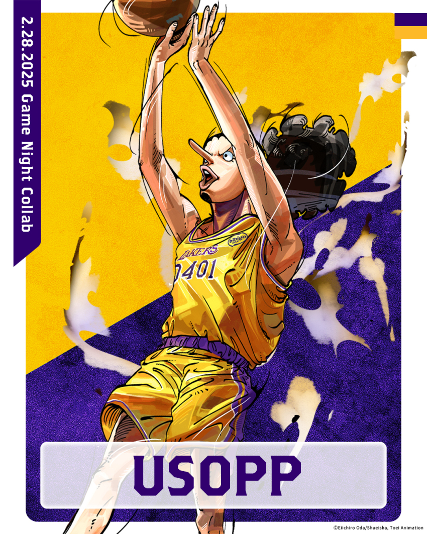 1boy afro armpits arms_up artist_request ball basketball_jersey beard black_hair character_name dated facial_hair highres holding holding_ball jumping lips long_nose los_angeles_lakers male_focus national_basketball_association official_art one_piece open_mouth playing_sports promotional_art shirt shorts solo sportswear throwing usopp v-shaped_eyebrows yellow_shirt yellow_shorts