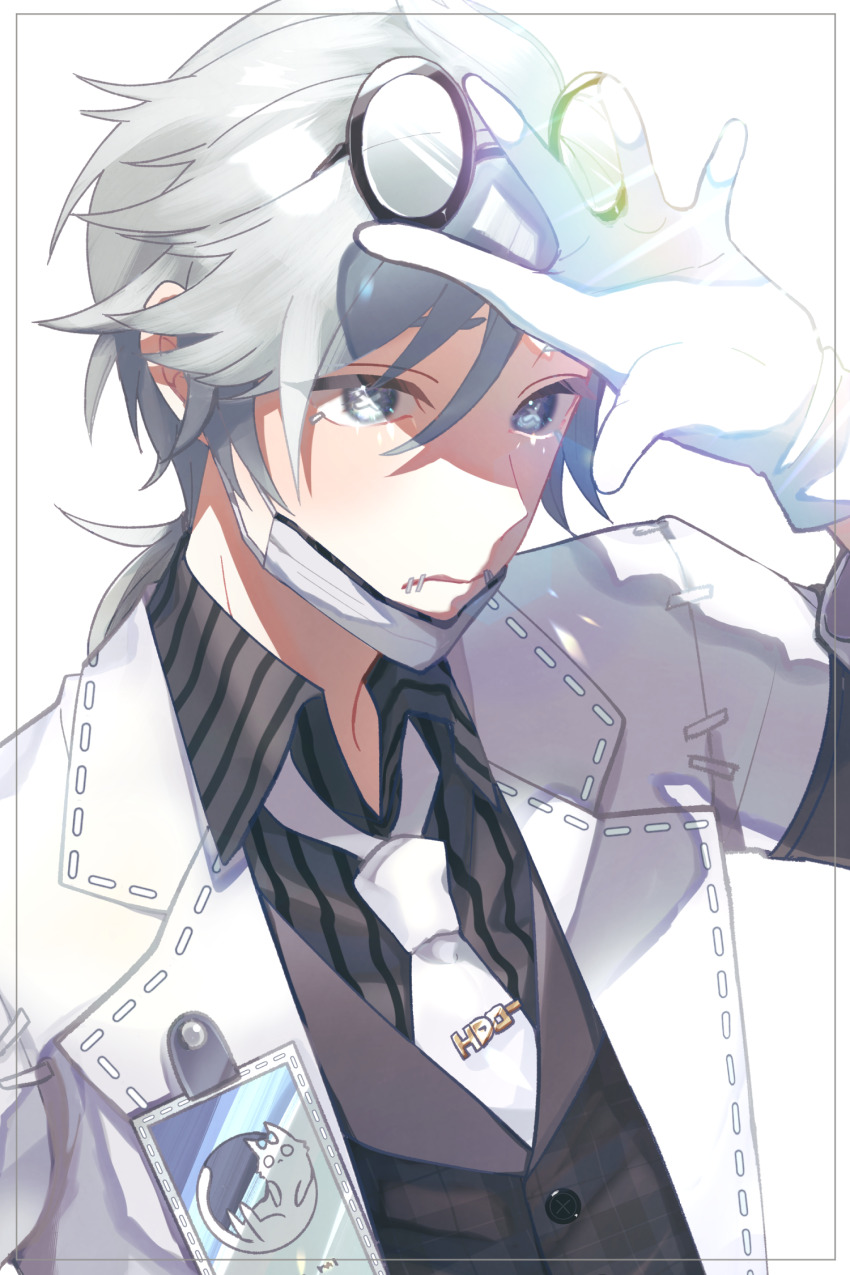 1boy aesop_carl aesop_carl_(&quot;gatto&quot;) collared_shirt commentary_request cross-shaped_pupils frown gloves grey_eyes grey_hair hair_between_eyes hand_up highres identity_v jacket light_rays long_sleeves looking_at_viewer low_ponytail male_focus mask medium_hair mouth_mask necktie open_clothes open_jacket ponytail shirt solo stitched_mouth stitches striped_clothes striped_shirt symbol-shaped_pupils toruteeya upper_body vertical-striped_clothes vertical-striped_shirt white_gloves white_jacket white_necktie