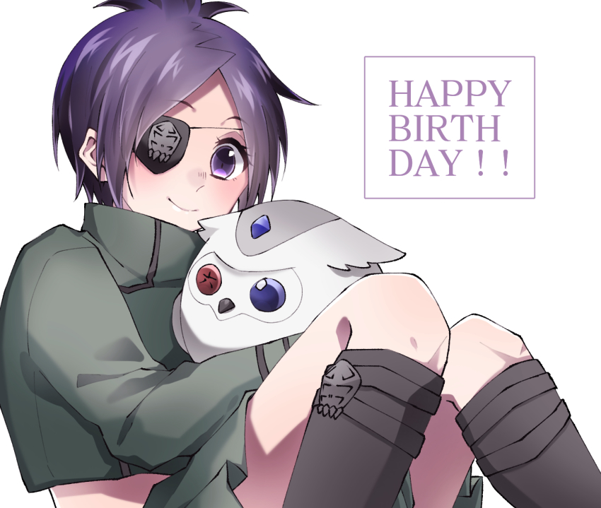 1girl bird boots chrome_dokuro closed_mouth eyepatch happy_birthday holding katekyo_hitman_reborn! knees_up looking_at_viewer midriff nakanomizuki purple_eyes purple_hair rokudou_mukuro short_hair simple_background skirt smile white_background