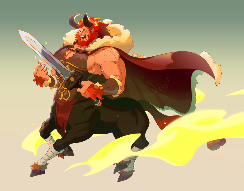 1boy artist_name bara beard cape centauroid claws commentary english_commentary facial_hair fangs fate_(series) fur-trimmed_cape fur_trim highres holding holding_sword holding_weapon hooves horns iskandar_(fate) lynel male_focus muscular muscular_male open_mouth pectorals pegushi pointy_ears red_hair scar scar_on_arm sword taur weapon