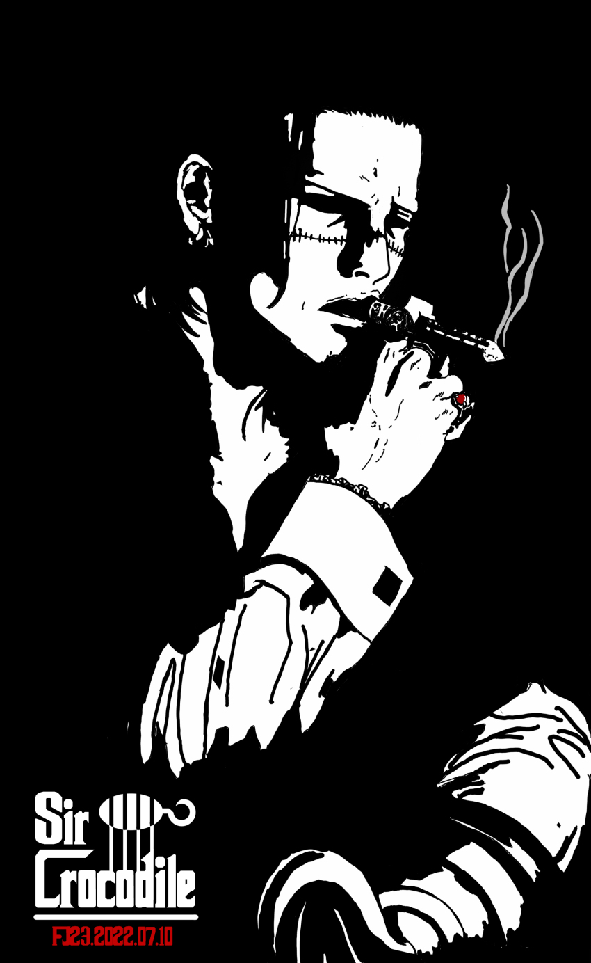 1boy 2022 absurdres black_hair character_name cigar crocodile_(one_piece) crossover earrings fj23 highres hook_hand jewelry monochrome multiple_rings one_piece ring scar scar_on_face short_hair smoke smoking solo solo_focus the_godfather