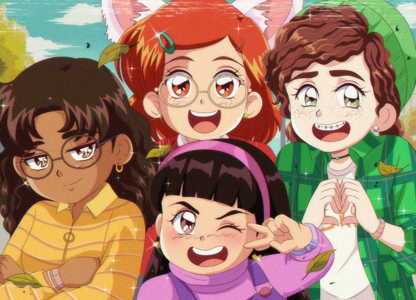 1990s_(style) 4girls abby_(turning_red) animification beanie black_hair braces brenni_murasaki brown_eyes brown_hair clip_studio_paint_(medium) commentary crossover dark-skinned_female dark_skin earrings faux_retro_artstyle glasses hat jewelry looking_at_viewer meilin_lee miriam_(turning_red) multiple_girls open_mouth overalls priya_(turning_red) retro_artstyle shirt smile symbol-only_commentary turning_red