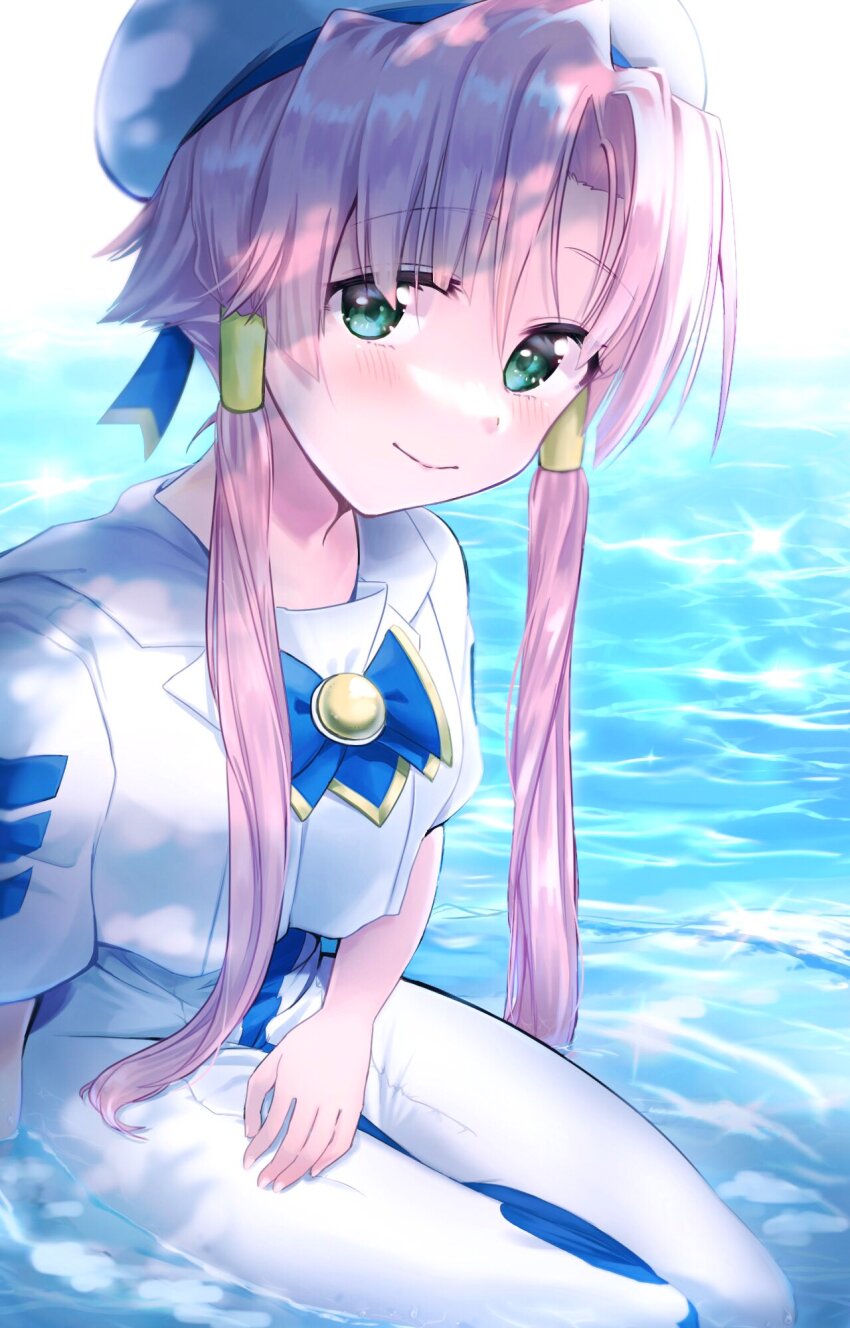 1girl aogirism aria_(manga) aria_company_uniform beret blue_bow blue_bowtie bow bowtie day dress feet_out_of_frame green_eyes hair_tubes hand_on_own_thigh hat hat_ribbon highres impossible_clothes impossible_dress looking_at_viewer mizunashi_akari ocean outdoors parted_bangs partially_submerged pink_hair print_dress ribbon sailor_collar shadow short_hair_with_long_locks short_sleeves sitting smile solo sparkle water white_dress white_hat