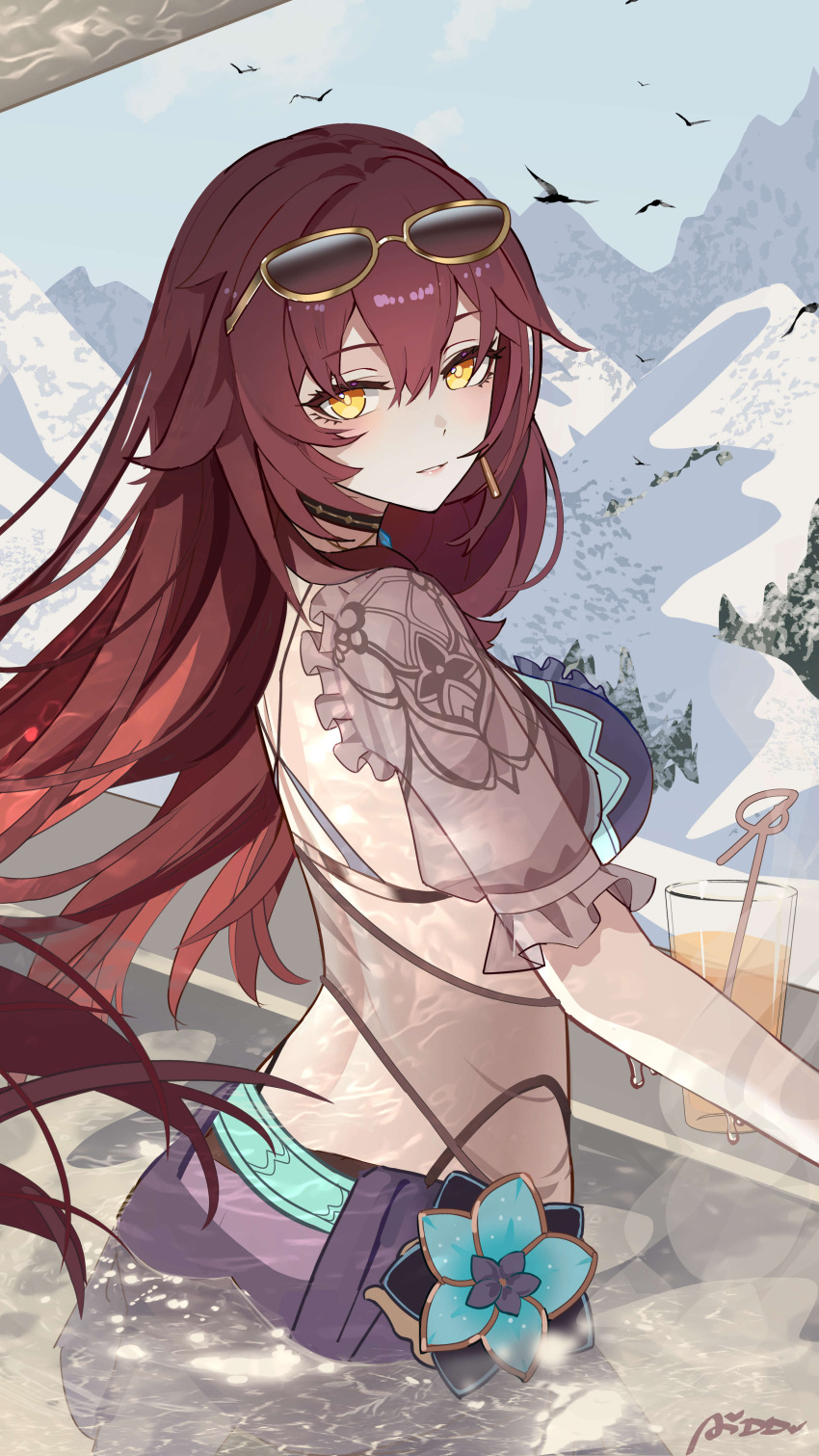 1girl absurdres ai_dongdong back bikini black_bikini black_choker breasts brown_hair chinese_commentary choker commentary_request criss-cross_back-straps cup drinking_glass earrings eden_(flowing_rhyme)_(honkai_impact) eden_(honkai_impact) eyewear_on_head hair_between_eyes highres honkai_(series) honkai_impact_3rd jewelry large_breasts light_blush long_hair looking_at_viewer looking_back median_furrow official_alternate_costume parted_lips pool smile solo sunglasses swimsuit wading yellow_eyes yellow_pupils