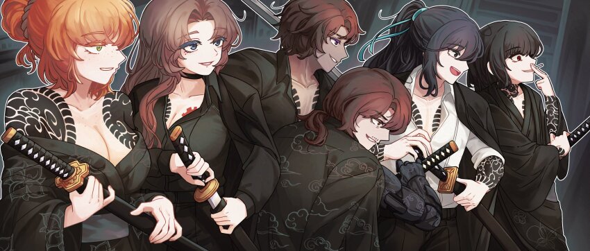 3boys 3girls :d absurdres bare_shoulders black_choker black_hair black_jacket black_kimono black_shirt brown_hair choker cigarette cloud_tattoo dark-skinned_male dark_skin facial_hair freckles gregor_(project_moon) grin hair_bun heathcliff_(project_moon) highres holding holding_cigarette holding_sword holding_weapon hong_lu_(project_moon) irezumi ishmael_(project_moon) jacket jacket_on_shoulders japanese_clothes kimono kurokumo_clan_(identity)_(project_moon) limbus_company long_hair low_ponytail mole mole_under_eye mouth_hold multiple_boys multiple_girls mustache_stubble off_shoulder open_mouth orange_hair outline pectoral_cleavage pectorals ponytail project_moon rodion_(project_moon) ryoshu_(project_moon) scar scar_on_face sheath shirt short_hair short_ponytail smile stubble sword tattoo tema1321 unsheathing weapon white_outline white_shirt
