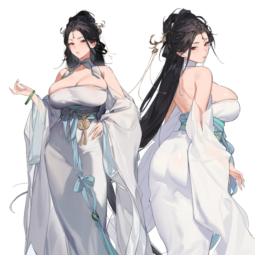 1girl 2025 ass backless_outfit black_hair blue_sash breasts brown_eyes chinese_clothes cleavage closed_mouth commentary detached_sleeves dress english_commentary female_focus fingernails folded_hair from_behind gebijiade_89 hair_ornament hairdressing hand_on_own_hip head_tilt highres huge_breasts large_breasts lips long_fingernails long_hair looking_at_viewer looking_back low_ponytail multiple_views off_shoulder original parted_bangs ponytail rope_belt sash shoulder_blades simple_background standing taut_clothes turtleneck white_dress white_nails wide_sleeves